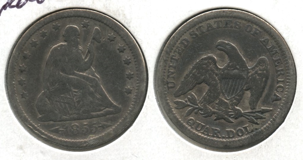1855 Seated Liberty Quarter VG-8 Cleaned