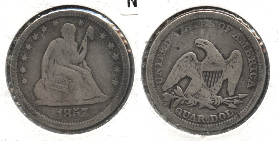 1857 Seated Liberty Quarter Fine-12 #a Reverse Bumps