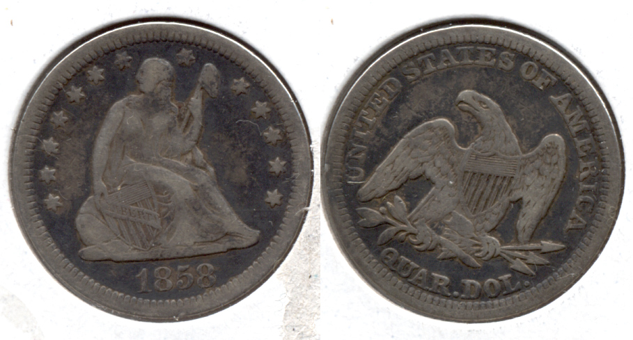 1858 Seated Liberty Quarter Fine-12 a Dark
