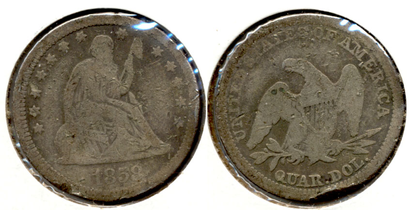 1858 Seated Liberty Quarter Good-4 Rim Bump