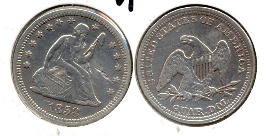 1858 Seated Liberty Quarter VF-30 Cleaned