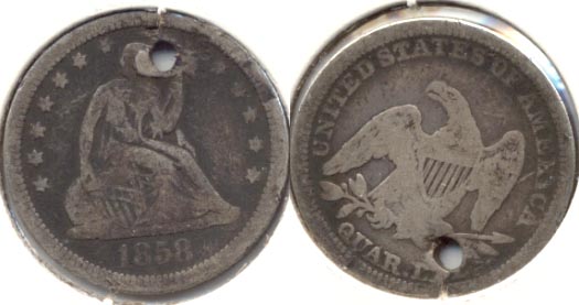 1858 Seated Liberty Quarter VG-8 Holed