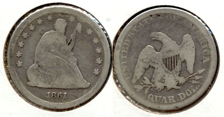1861 Seated Liberty Quarter VG-8