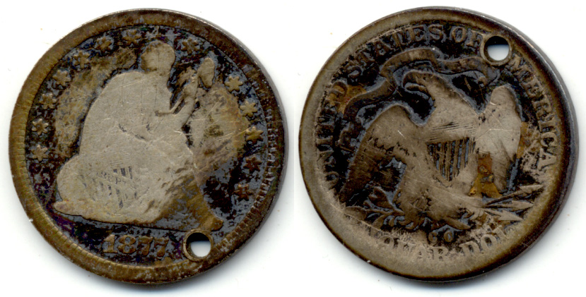 1877-CC Seated Liberty Quarter Good-4 Holed