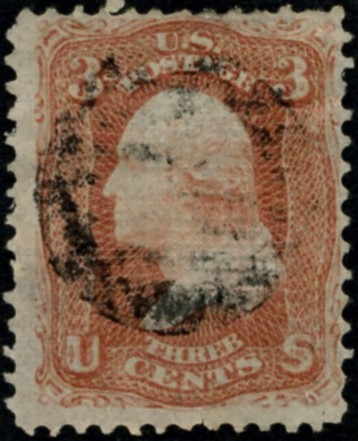 Scott 94 Washington 3 Cents Stamp Red F Grill