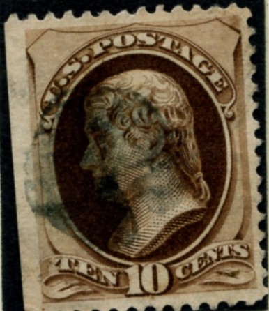 Scott 188 Jefferson 10 Cent Stamp Brown with secret mark
