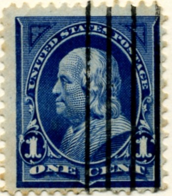 Scott 264 Franklin 1 Cent Stamp Blue double line watermark a