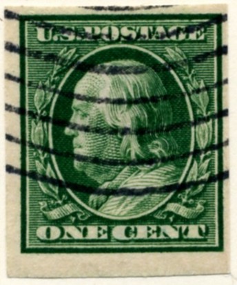 Scott 343 1 Cent Stamp Green Washington Franklin Series no perforations a