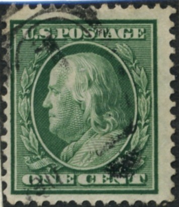 Scott 374 1 Cent Stamp Green Washington Franklin Series single line watermark