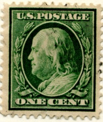 Scott 374 1 Cent Stamp Green Washington Franklin Series single line watermark a