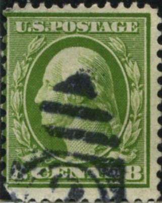 Scott 380 8 Cent Stamp Olive Green Washington Franklin Series single line watermark