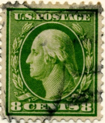 Scott 380 8 Cent Stamp Olive Green Washington Franklin Series single line watermark a