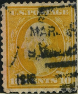 Scott 381 10 Cent Stamp Yellow Washington Franklin Series single line watermark