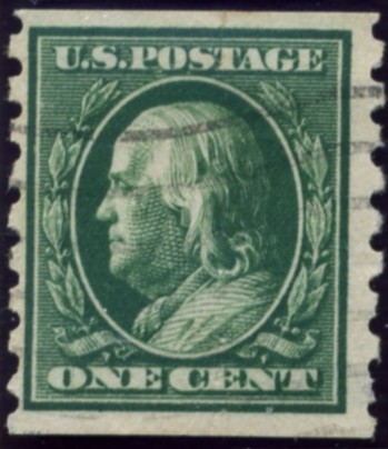 Scott 392 1 Cent Stamp Green Washington Franklin Series perforated vertically single line watermark