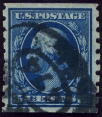 Scott 396 5 Cent Stamp Blue Washington Franklin Series perforated vertically single line watermark