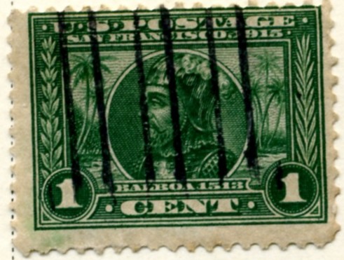 Scott 397 1 Cent Stamp Green Panama Pacific perforated 12 a