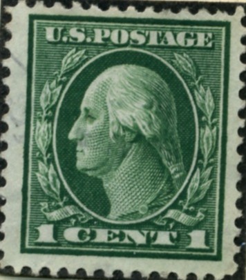 Scott 405 1 Cent Stamp Green Washington Franklin Series perforated 12 single line watermark