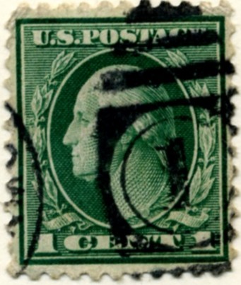 Scott 405 1 Cent Stamp Green Washington Franklin Series perforated 12 single line watermark a