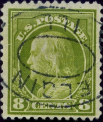 Scott 414 8 Cent Stamp Olive Green Washington Franklin Series perforated 12 single line watermark