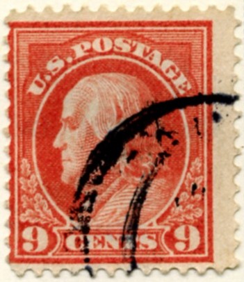 Scott 415 9 Cent Stamp Salmon Red Washington Franklin Series perforated 12 single line watermark a
