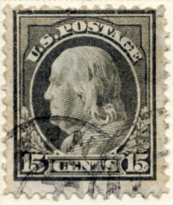 Scott 418 15 Cent Stamp Gray Washington Franklin Series perforated 12 single line watermark a