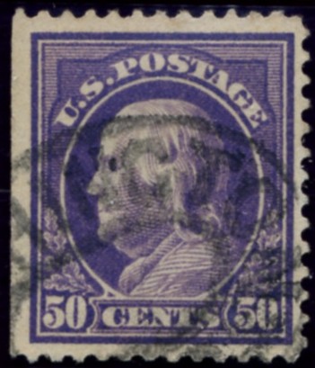 Scott 421 50 Cent Stamp Violet Washington Franklin Series perforated 12 single line watermark
