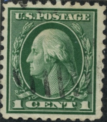 Scott 424 1 Cent Stamp Green Washington Franklin Series perforated 10 single line watermark