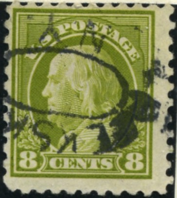 Scott 431 8 Cent Stamp Olive Green Washington Franklin Series perforated 10 single line watermark