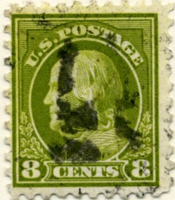 Scott 431 8 Cent Stamp Olive Green Washington Franklin Series perforated 10 single line watermark a