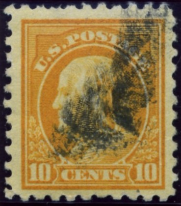 Scott 433 10 Cent Stamp Orange Yellow Washington Franklin Series perforated 10 single line watermark