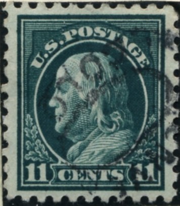 Scott 434 11 Cent Stamp Dark Green Washington Franklin Series perforated 10 single line watermark