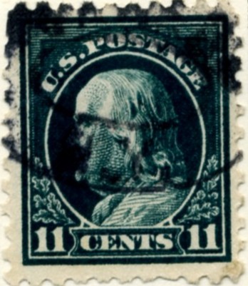 Scott 434 11 Cent Stamp Dark Green Washington Franklin Series perforated 10 single line watermark a