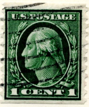 Scott 443 1 Cent Stamp Green Washington Franklin Series perforated 10 Vertically single line watermark