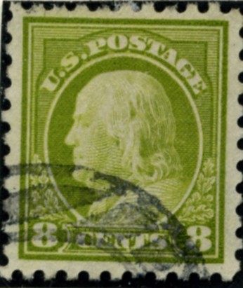 Scott 470 8 Cent Stamp Olive Green Washington Franklin Series perforated 10 no watermark