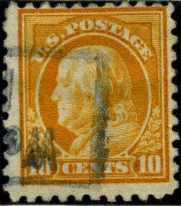 Scott 472 10 Cent Stamp Orange Yellow Washington Franklin Series perforated 10 no watermark