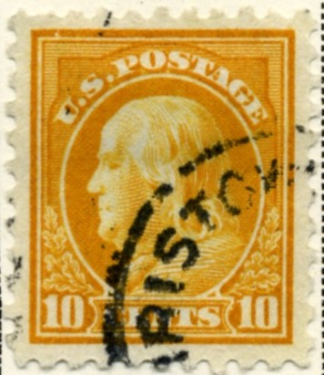 Scott 472 10 Cent Stamp Orange Yellow Washington Franklin Series perforated 10 no watermark a