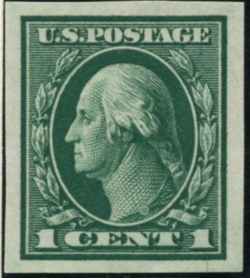 Scott 481 1 Cent Stamp Green Washington Franklin Series not perforated no watermark