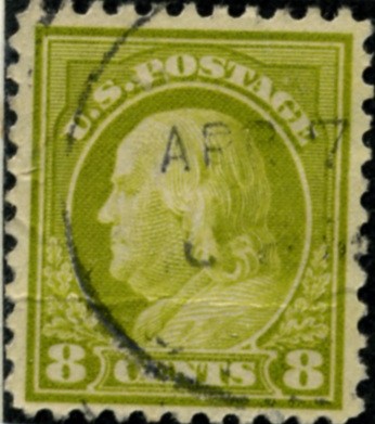 Scott 508 8 Cent Stamp Olive Bistre Washington Franklin Series perforated 11 no watermark