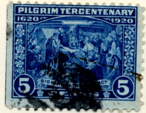 Scott 550 Signing of the Compact 5 Cent Stamp Deep Blue Pilgrim Issue a