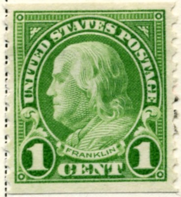 Scott 597 Franklin 1 Cent Stamp Green Series of 1922-1925 Rotary Press coil stamp Perforated 10 vertically a