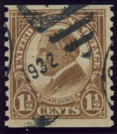 Scott 598 Harding 1 1/2 Cent Stamp Deep Brown Series of 1922-1925 Rotary Press coil stamp Perforated 10 vertically