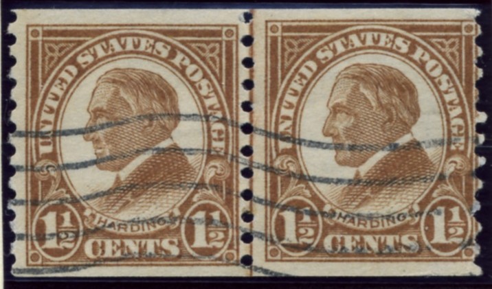 Scott 598 Harding 1 1/2 Cent Stamp Deep Brown Series of 1922-1925 Rotary Press coil stamp Perforated 10 vertically pair