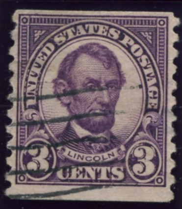 Scott 600 Lincoln 3 Cent Stamp Deep Violet Series of 1922-1925 Rotary Press coil stamp Perforated 10 vertically