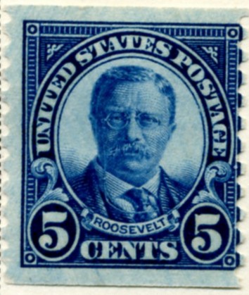 Scott 602 Roosevelt 5 Cent Stamp Dark Blue Series of 1922-1925 Rotary Press coil stamp Perforated 10 vertically a