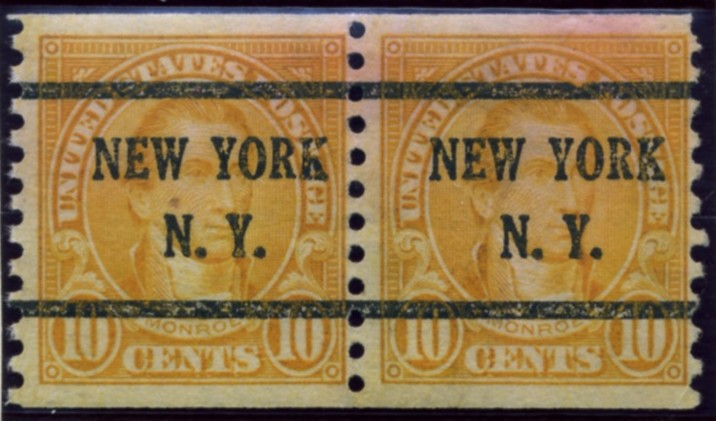 Scott 603 Monroe 10 Cent Stamp Orange Series of 1922-1925 Rotary Press coil stamp Perforated 10 vertically pair