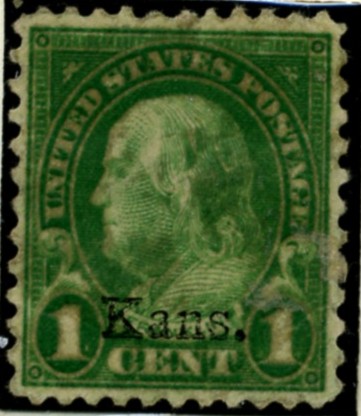 Scott 658 Franklin 1 Cent Stamp Green Series of 1922-1925 Overprinted Kans