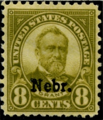 Scott 677 Grant 8 Cent Stamp Olive Green Series of 1922-1925 Overprinted Nebr