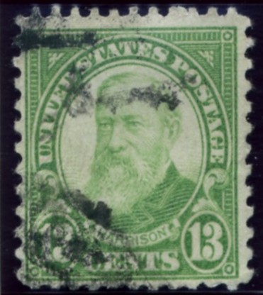 Scott 694 Harrison 13 Cent Stamp Yellow Green Blue Series of 1922-1925 rotary press