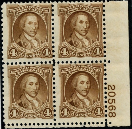 Scott 709 4 Cent Stamp Light Brown Washington Bicentennial Set Plate Block