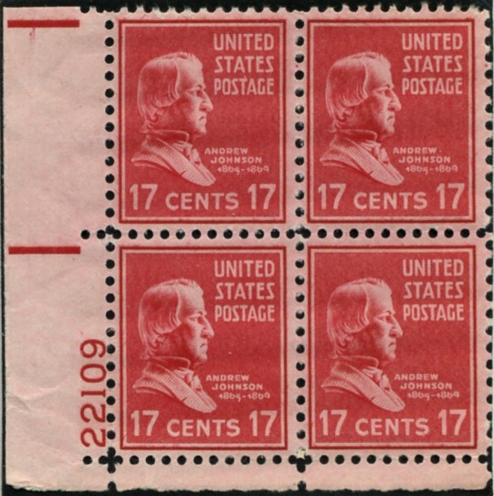 Scott 822 17 Cent Stamp Andrew Johnson Plate Block